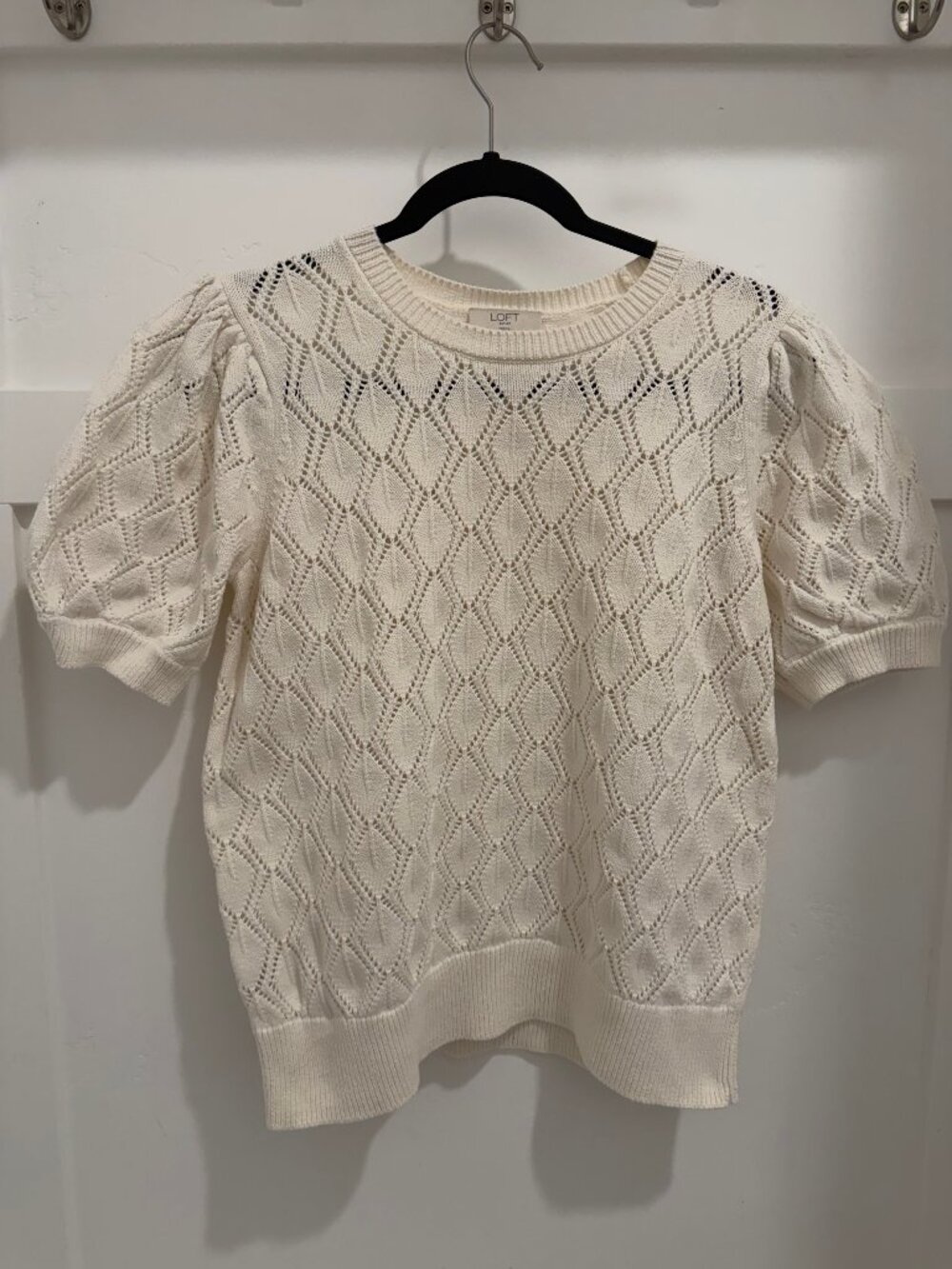 LOFT Petite Large Cream Pointelle Knit Sweater Puff Sleeve Short Sleeve Top